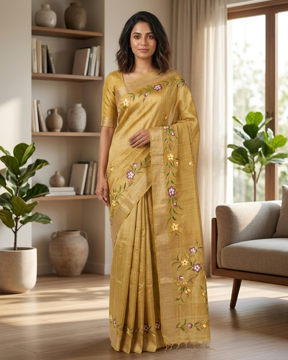 Golden Beige Floral Handmade Madhubani Painting  Saree with Blouse