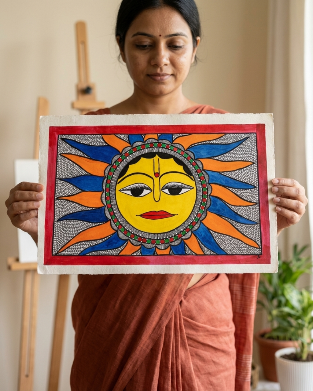 Sun Madhubani Painting on Handmade Paper (14x22 Inch) – Traditional Mithila Folk Art Wall Decor