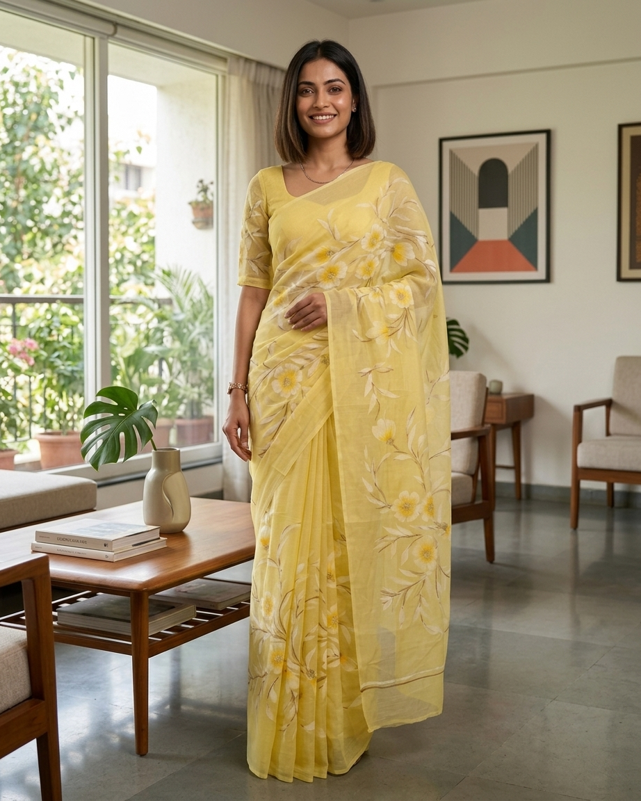 Light Yellow Floral Handmade Madhubani Painting Saree with Blouse