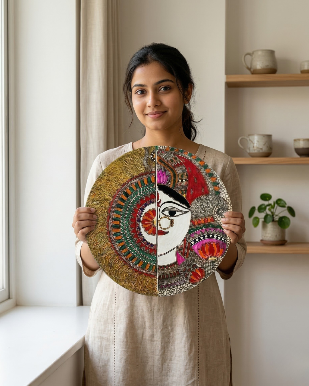 Feminine Spirit & Half-Face Mandala Madhubani Wall Art | 12 Inch MDF Board