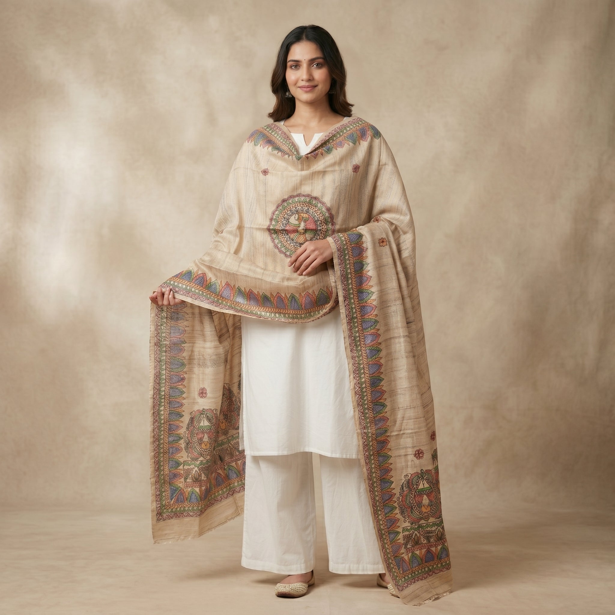 Handmade Madhubani Painting Dupatta |  Ethnic Hand-Painted Dupatta