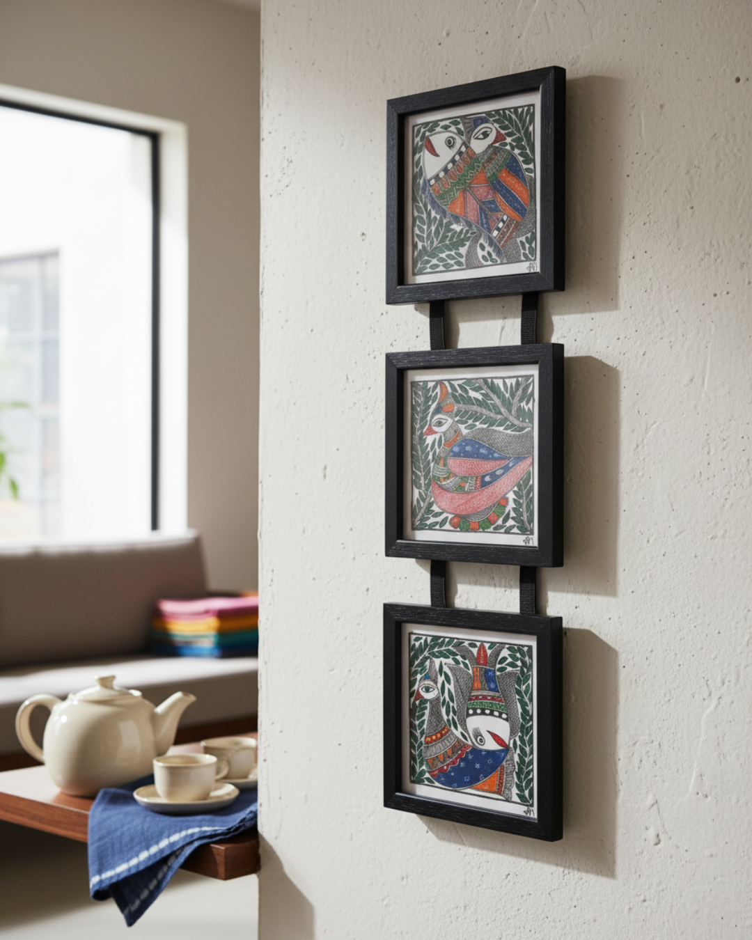 Fish & Peacock Madhubani Triple Frame Wall Hanging – Handmade Decor