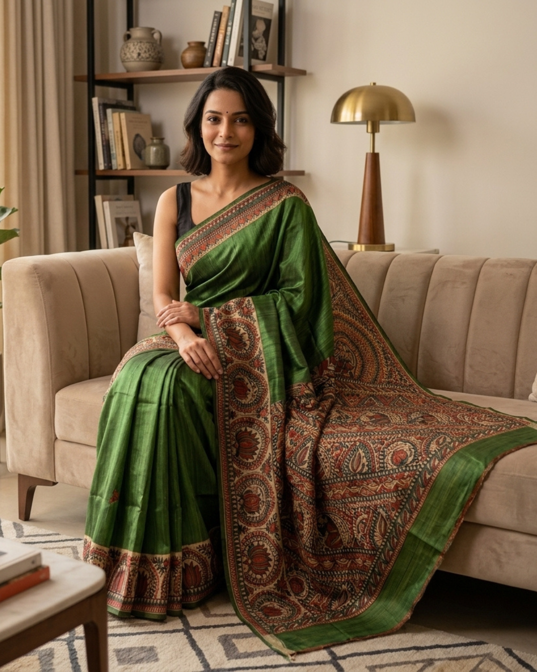 Green Handmade Madhubani Painting Saree with Blouse