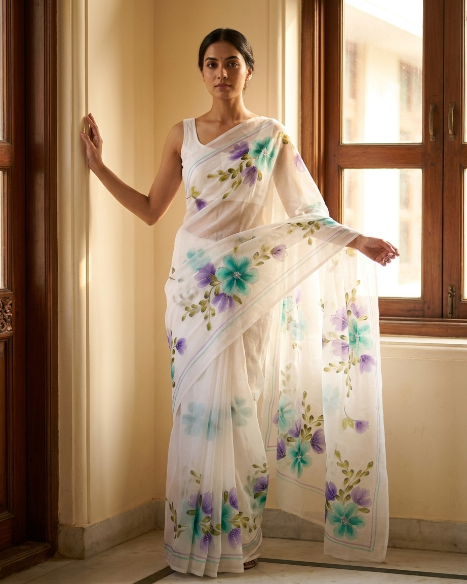 White Floral Handmade Madhubani Painting  Saree with Blouse