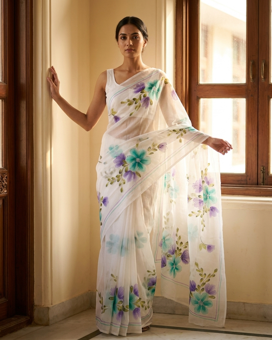 White Floral Handmade Madhubani Saree with Blouse