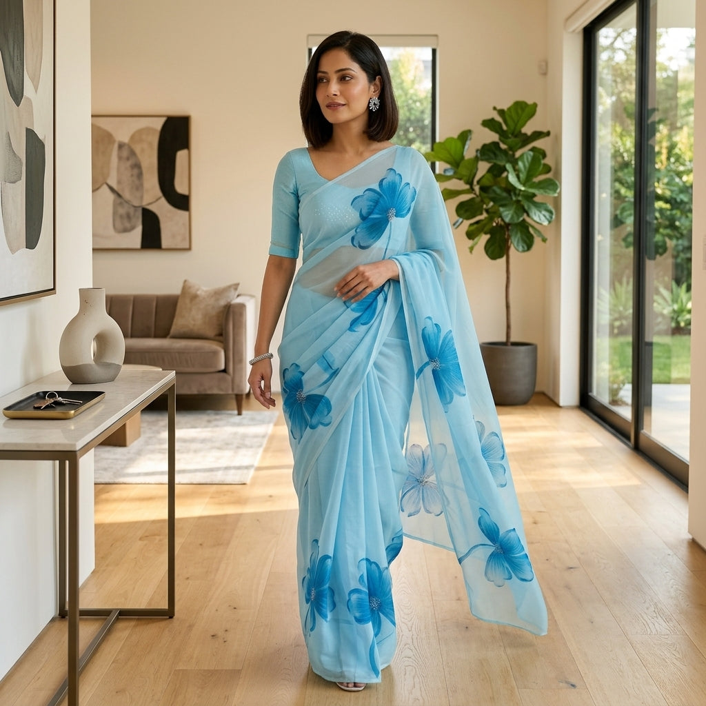 Sky Blue Floral Handmade Madhubani Painting Saree with Blouse – Handcrafted Mithila Art