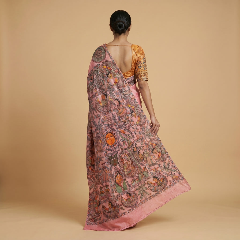 Baby Pink Handmade Madhubani Painting Saree with Blouse