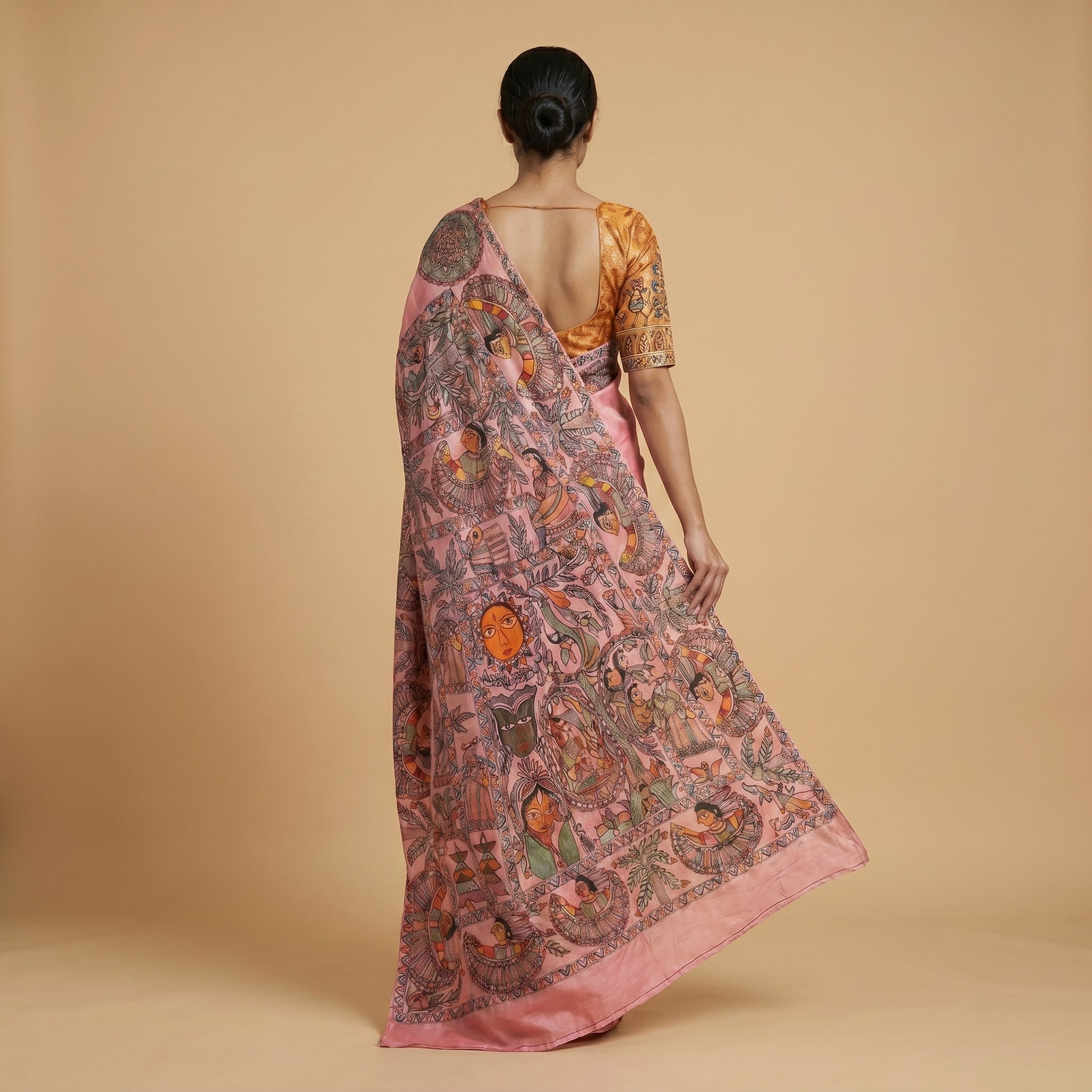 Baby Pink Handmade Madhubani Painting Saree with Blouse