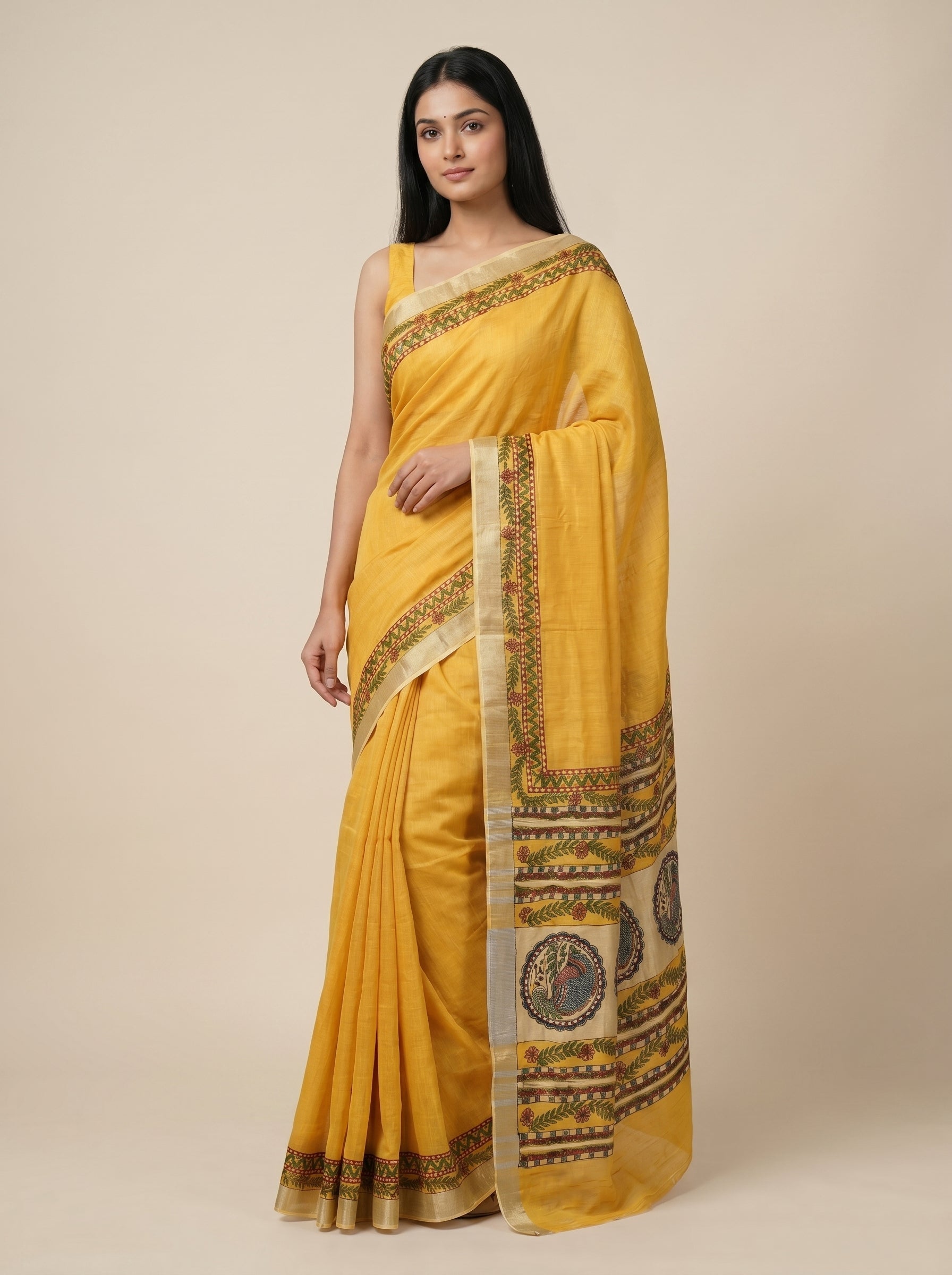 Mustard Yellow Madhubani Painting Saree | Handmade Saree with Blouse