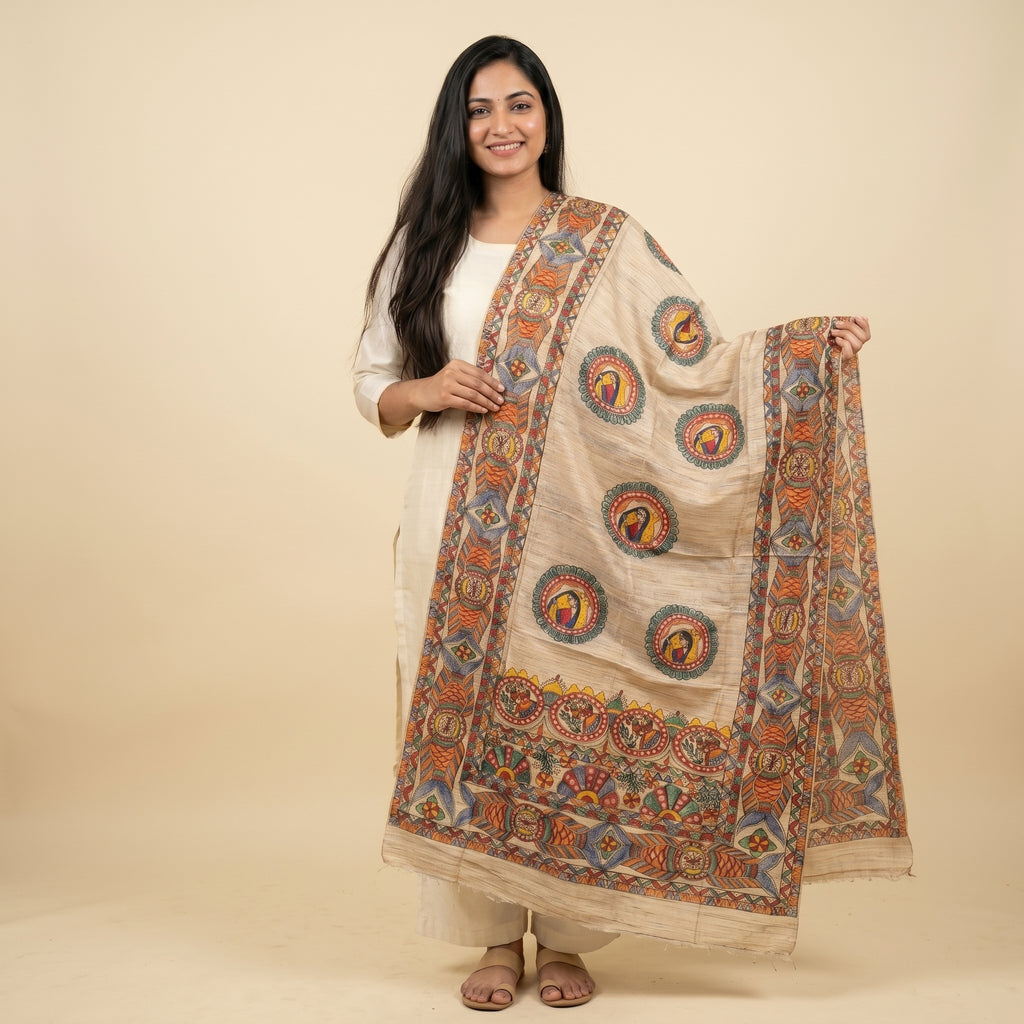 Handmade Madhubani Painting Dupatta | Ethnic Handcrafted Traditional