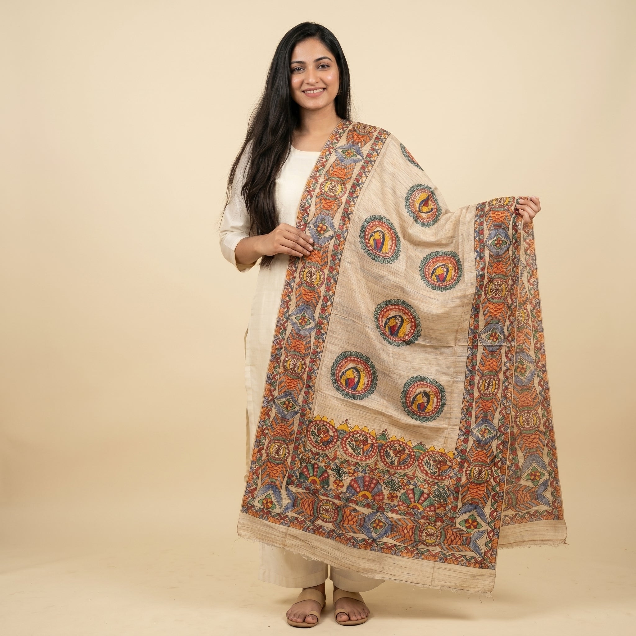 Handmade Madhubani Painting Dupatta | Ethnic Handcrafted Traditional