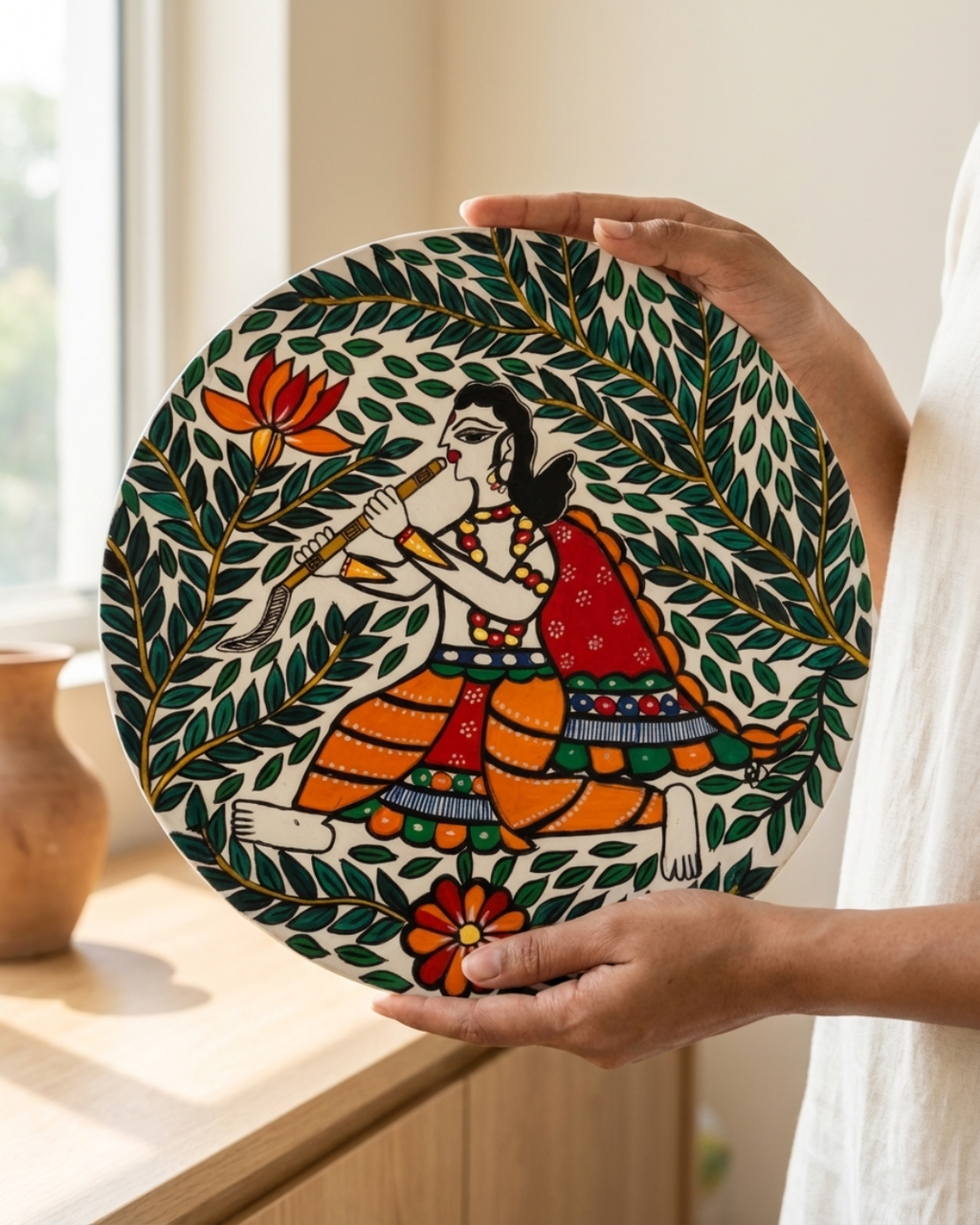 Krishna Mural Madhubani Wall Art | 12 Inch MDF Board