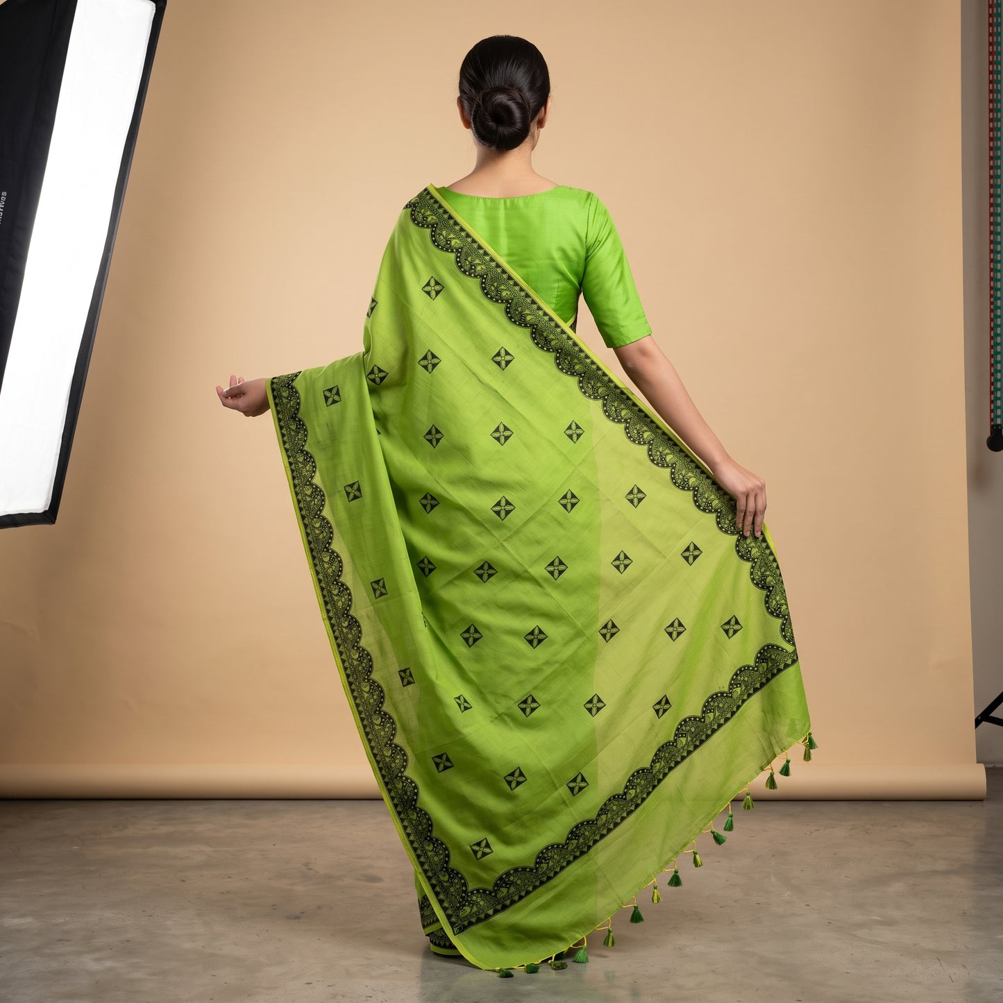 Parrot Green Handmade Madhubani Painting Saree for Women