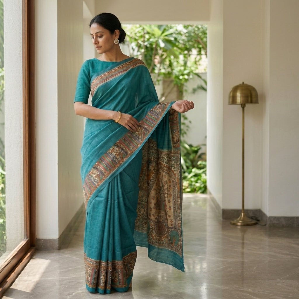 Traditional Bright Blue Handmade Madhubani Painting Saree with Blouse