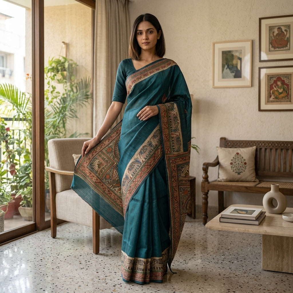 Traditional Blue Handmade Madhubani Painting Saree with Blouse