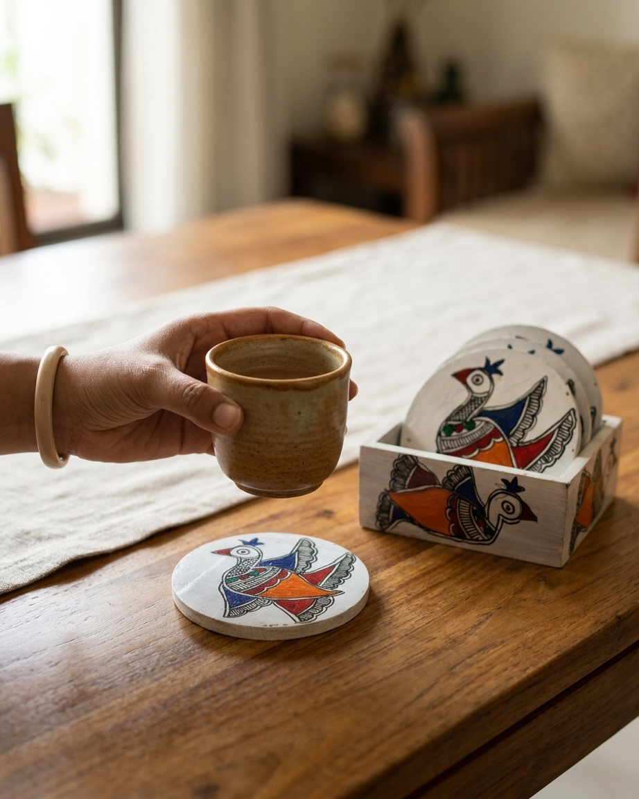 Handmade Peacock Design Madhubani Coaster Set with Stand | Tea Coasters Set of 6