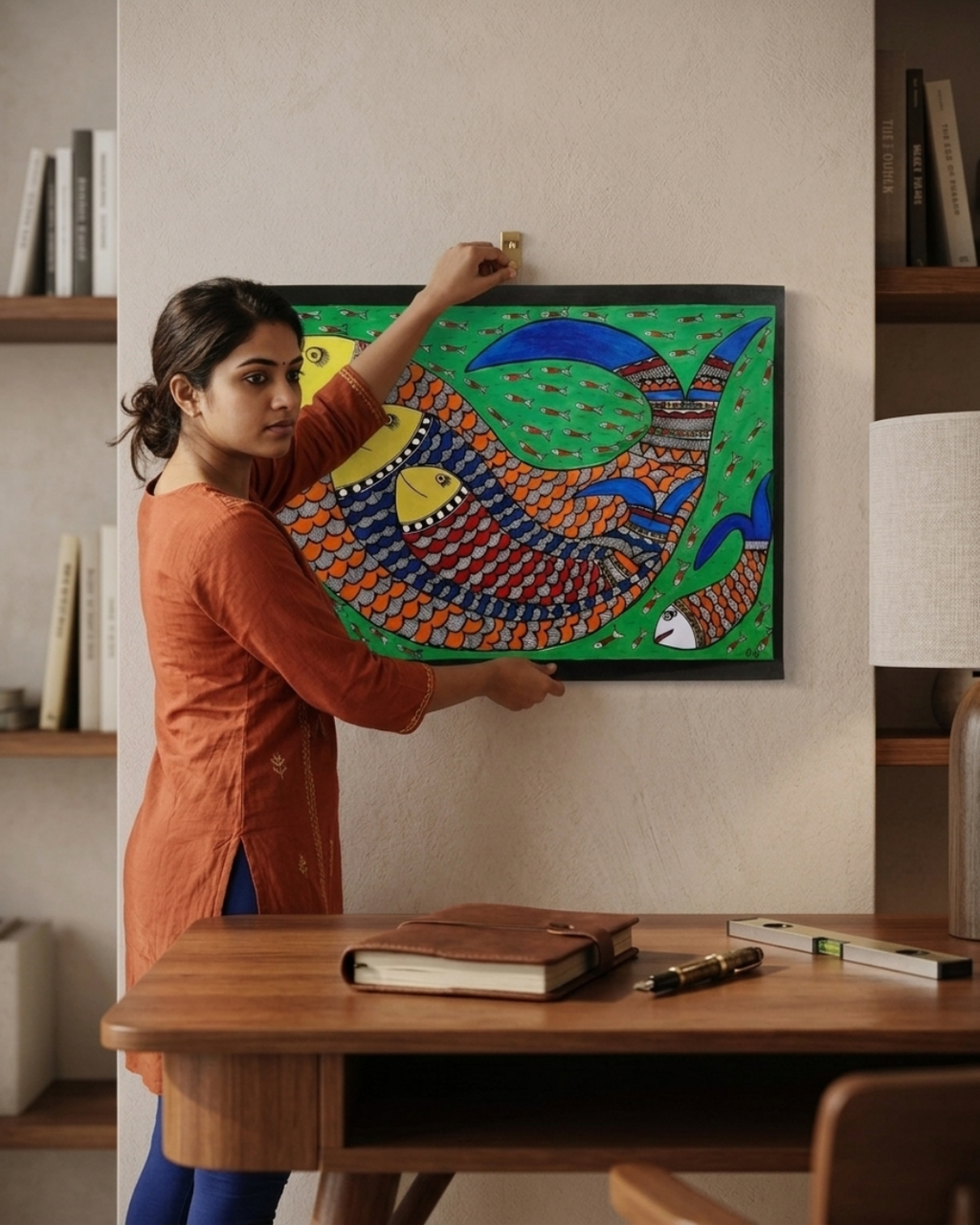 Fish Madhubani Painting on Handmade Paper (14x22 Inch) – Traditional Mithila Folk Art Wall Decor