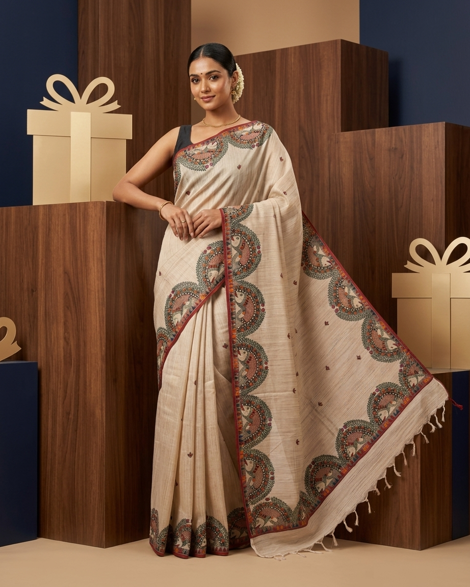 Handmade Madhubani Painting Tussar  Saree with Blouse – Traditional Ethnic Wear for Women