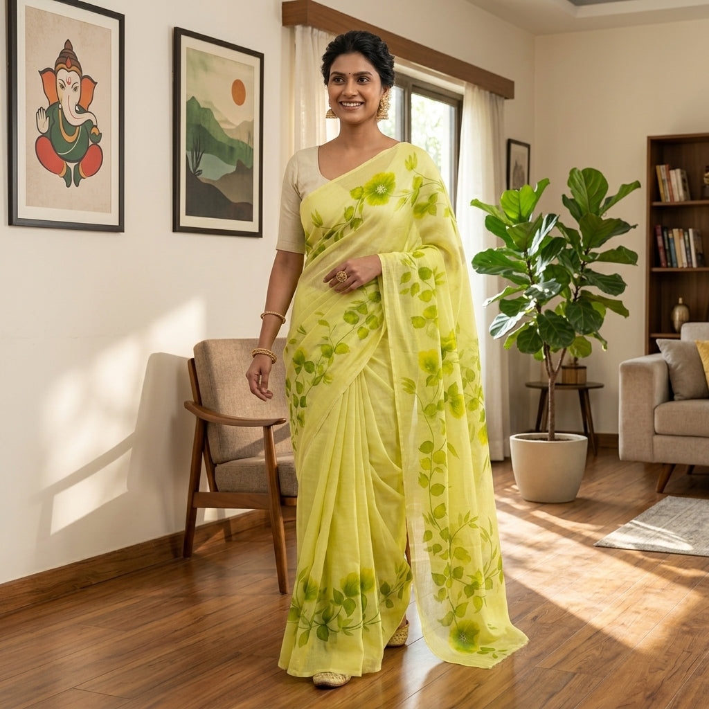 Light Green Floral Handmade Madhubani Painting Saree with Blouse – Handcrafted Mithila Art Saree for Women