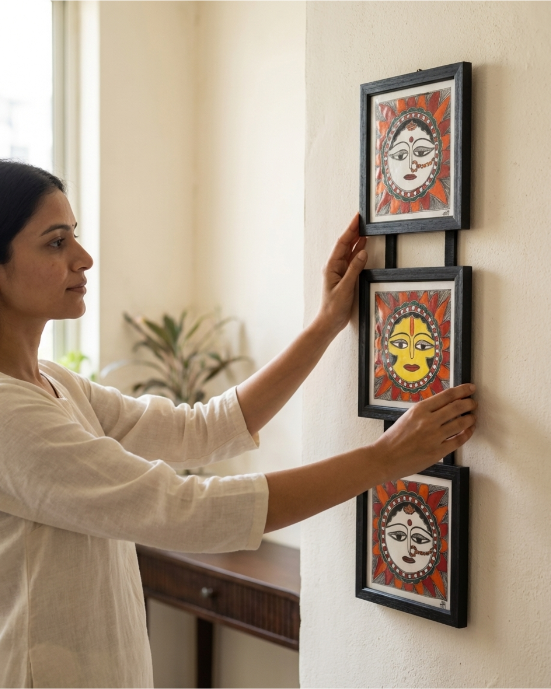Sun Madhubani Triple Frame Wall Hanging – Handmade Mithila Art Decor