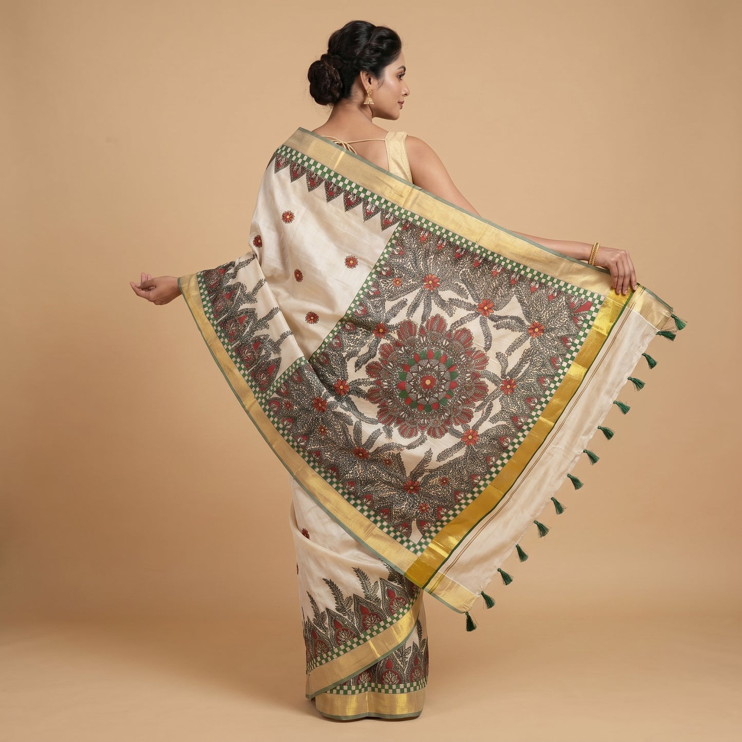 Light Cream Handmade Madhubani Painting Saree for Women