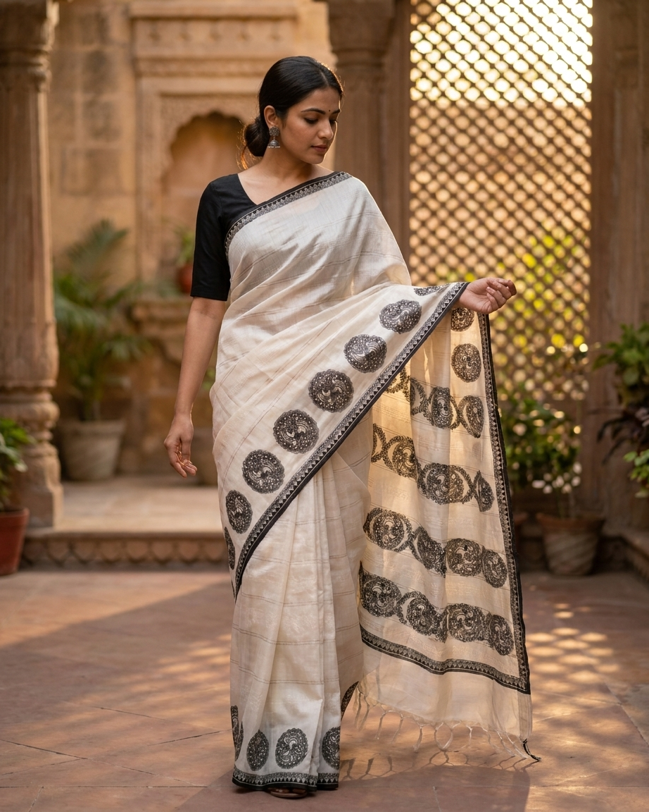 Handmade Madhubani Painting  Saree with Blouse Piece – Traditional Mithila Art Saree for Women