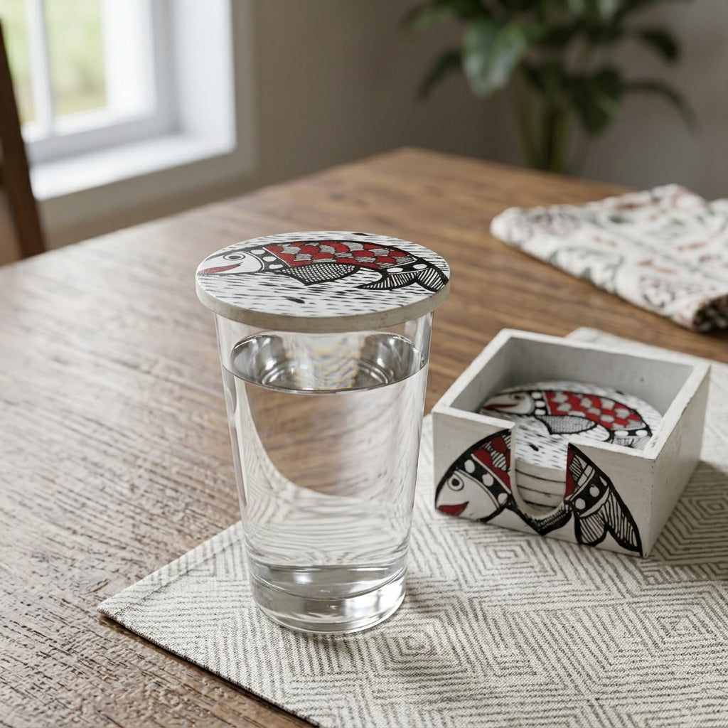 Handmade Fish Design Coaster Set with Stand | Madhubani Painting Tea Coasters Set of 6