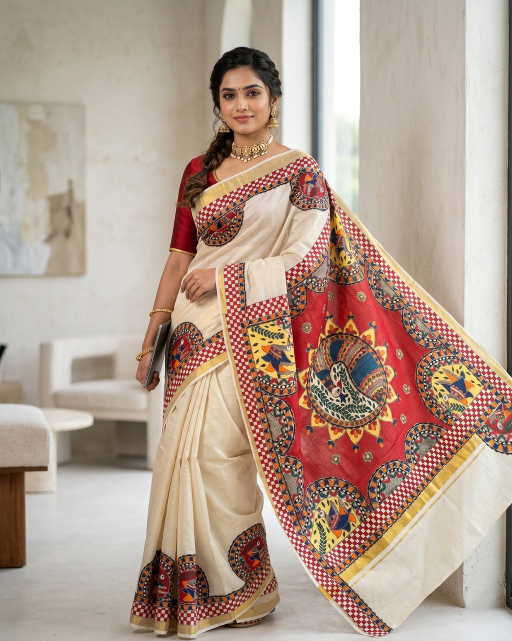 Handmade Madhubani Painting Kerala Cotton Saree with Blouse | Ethnic Saree