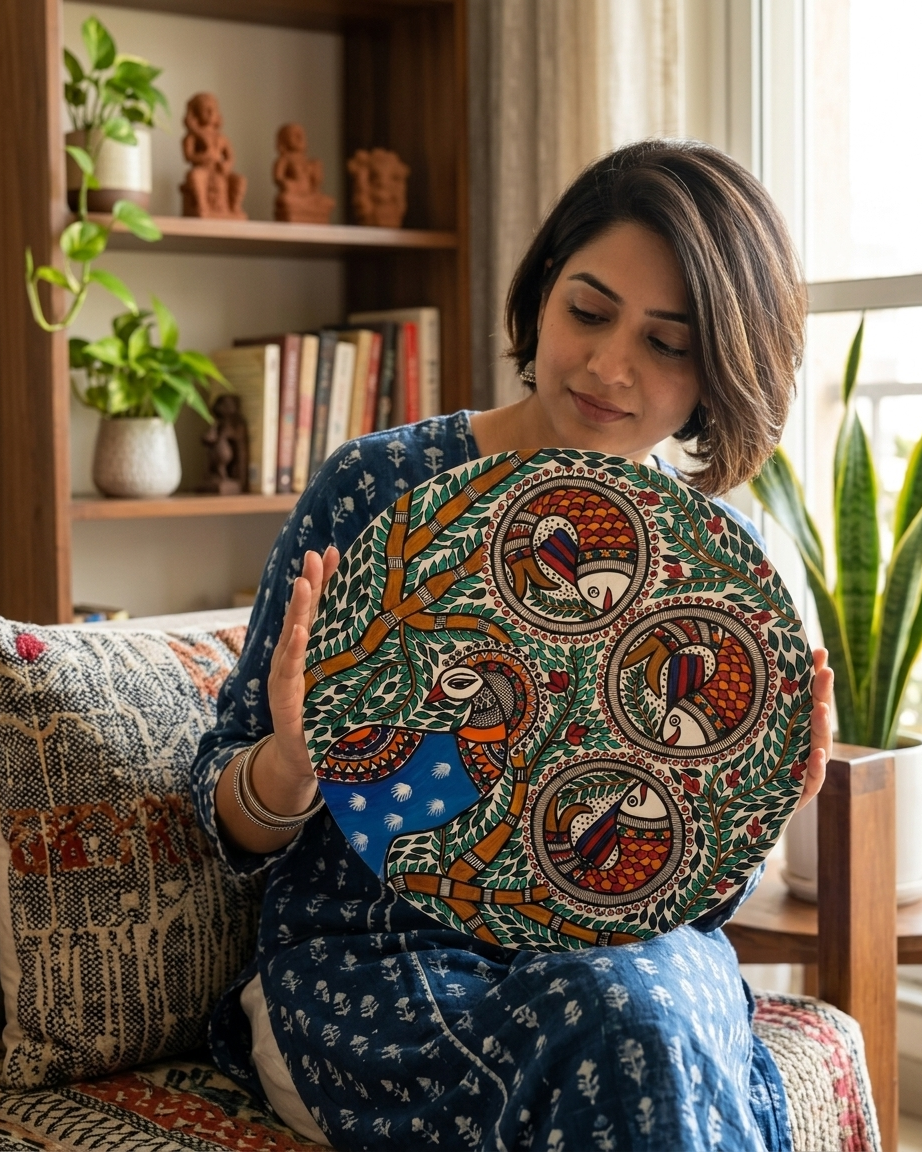 Peacock and Fish Madhubani Wall Art on MDF Board – Handmade Mithila Painting for Home Decor