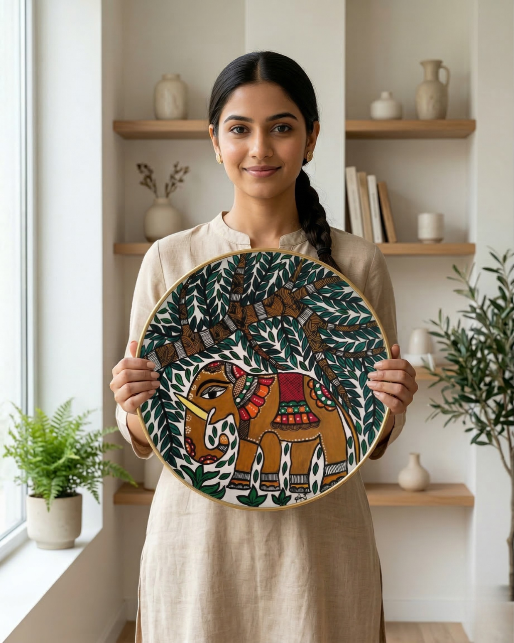 Royal Elephant & Sacred Tree Madhubani Wall Art | 12 Inch MDF Board
