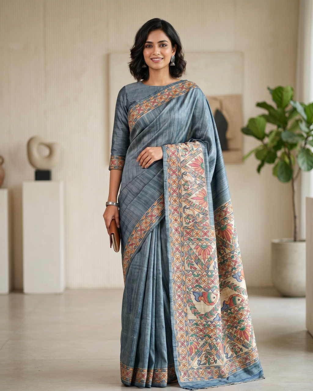Handmade Madhubani Painting Saree with Blouse | Hand-Painted Ethnic Saree for Women