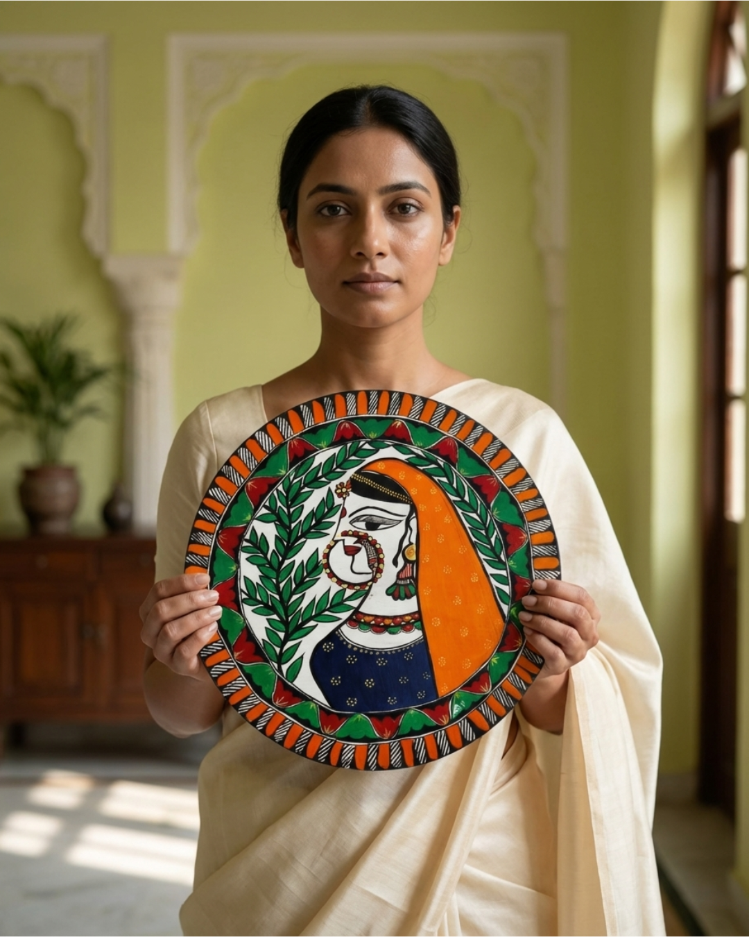 Maithil Lady Madhubani Wall Art | 12 Inch MDF Board