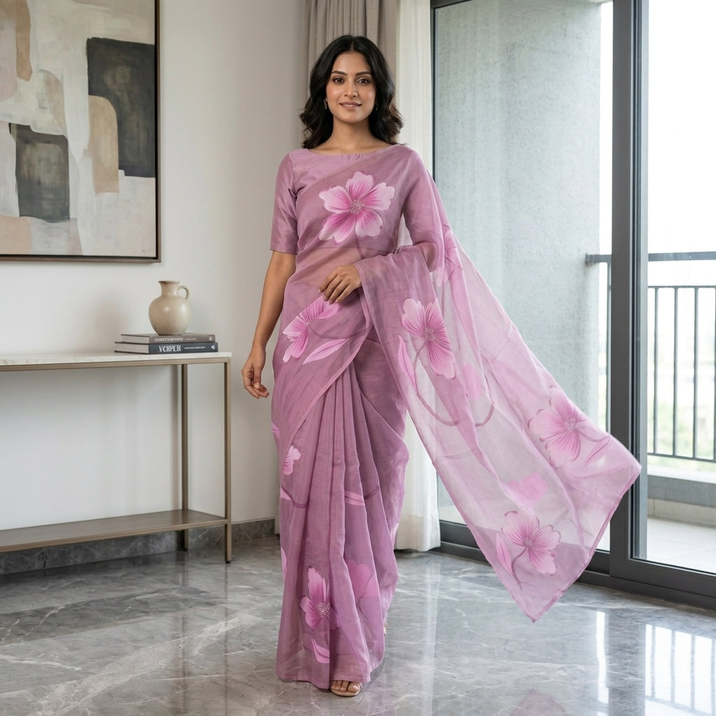Dusty Pink Floral Handmade Madhubani Painting Pure Saree with Blouse – Handcrafted Mithila Art