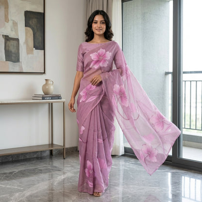 Dusty Pink Floral Madhubani Saree with Blouse