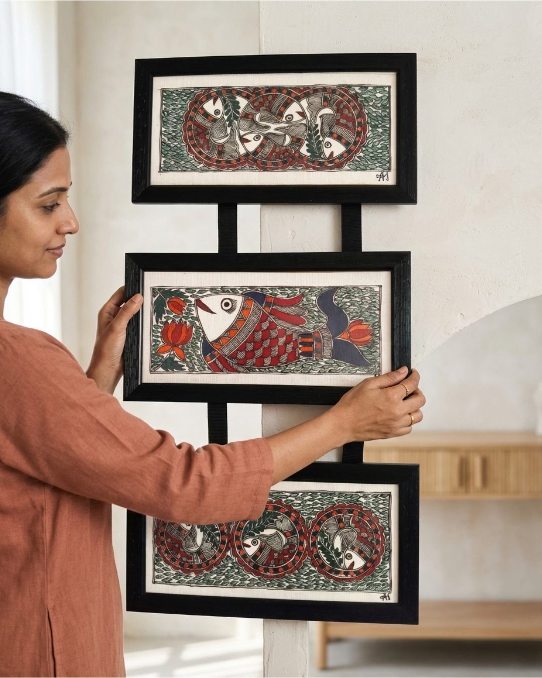 Fish Raas Madhubani Triple Frame Wall Hanging – Handmade Decor