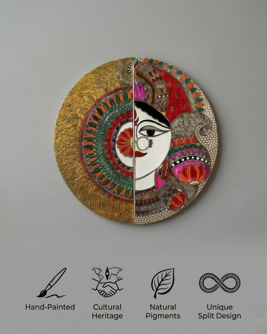 Feminine Spirit & Half-Face Mandala Madhubani Wall Art | 12 Inch MDF Board