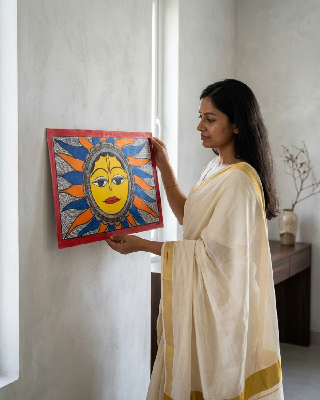 Sun Madhubani Painting on Handmade Paper (14x22 Inch) – Traditional Mithila Folk Art Wall Decor