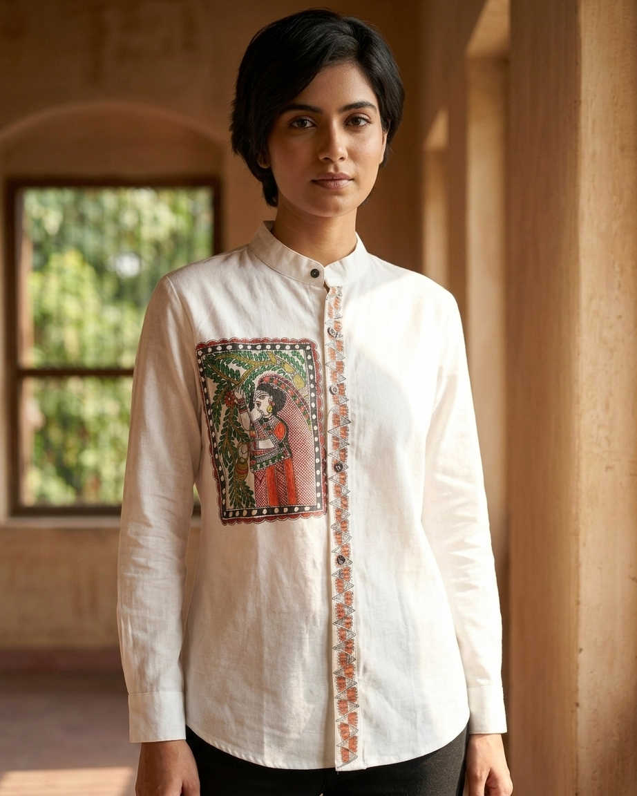 Women’s Madhubani Painting Shirt – (Size L) | Handcrafted Ethnic Designer