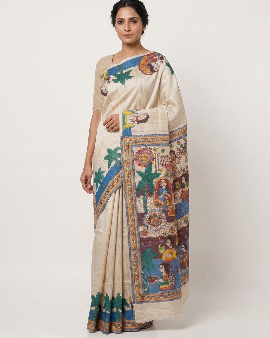 Handmade Madhubani Painting Silk Saree with Blouse | Ethnic Saree