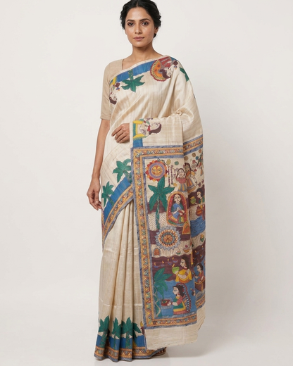Handmade Madhubani Painting Saree with Blouse for Women