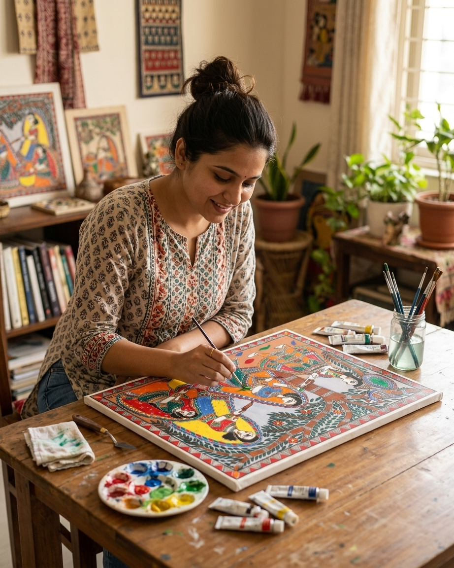 Krishna & Radha Holi Festival Madhubani Painting - Handmade Wall Art