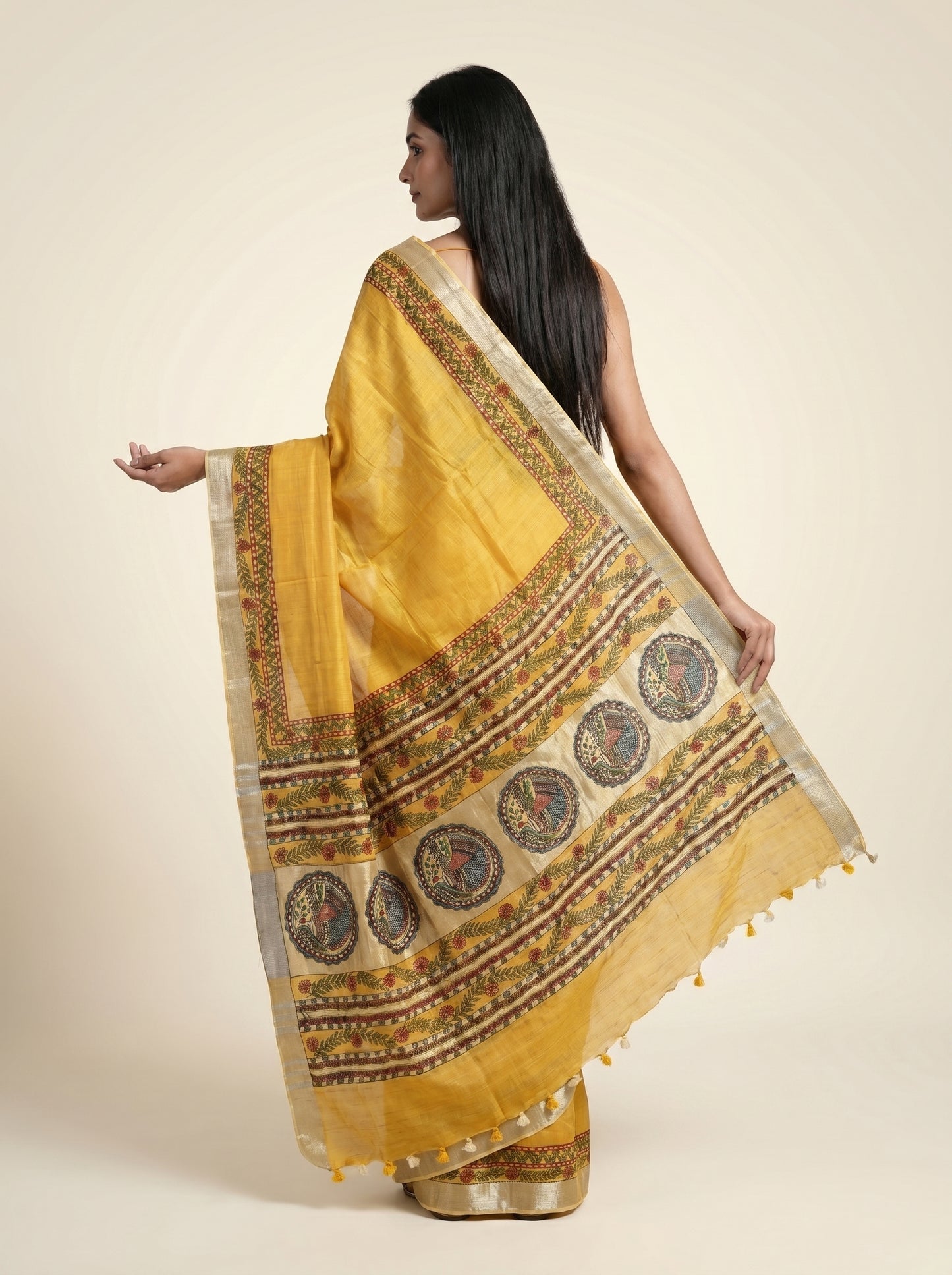 Mustard Yellow Handmade Madhubani Saree with Blouse