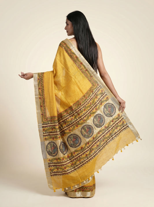 Mustard Yellow Handmade Madhubani Saree with Blouse