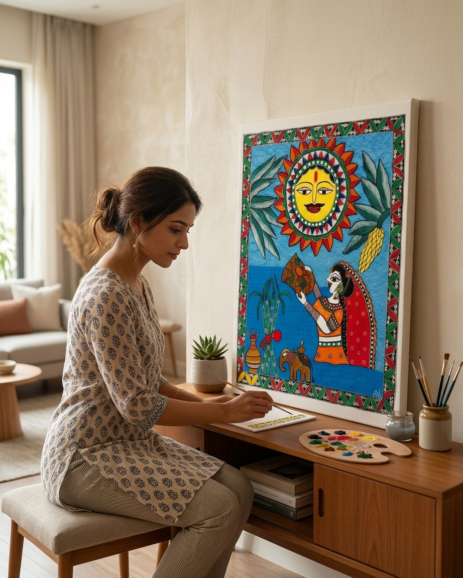 Chhath Puja Madhubani Painting – Handmade Traditional Indian Wall Art