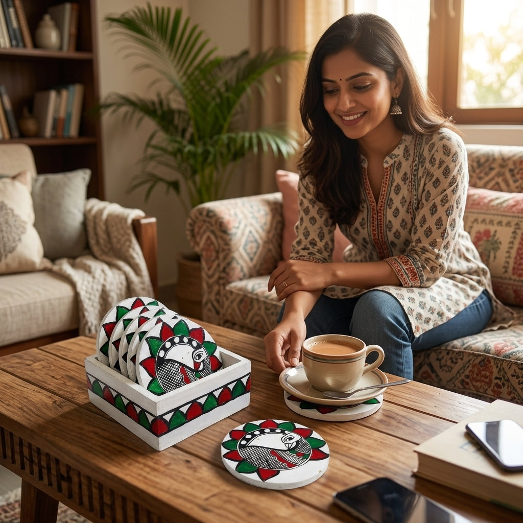 Handmade Peacock Design Madhubani Coaster Set with Stand | Set of 6 Decorative Tea Coasters