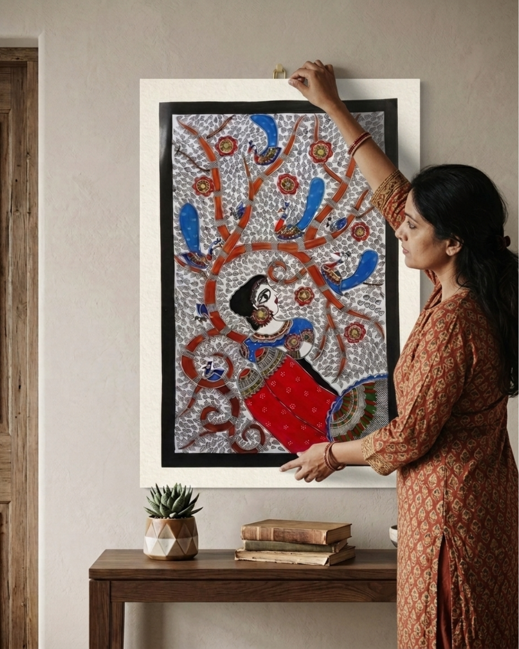 Bharti Mata Madhubani Painting on Handmade Paper (14x22 Inch) – Traditional Mithila Folk Art Wall Decor