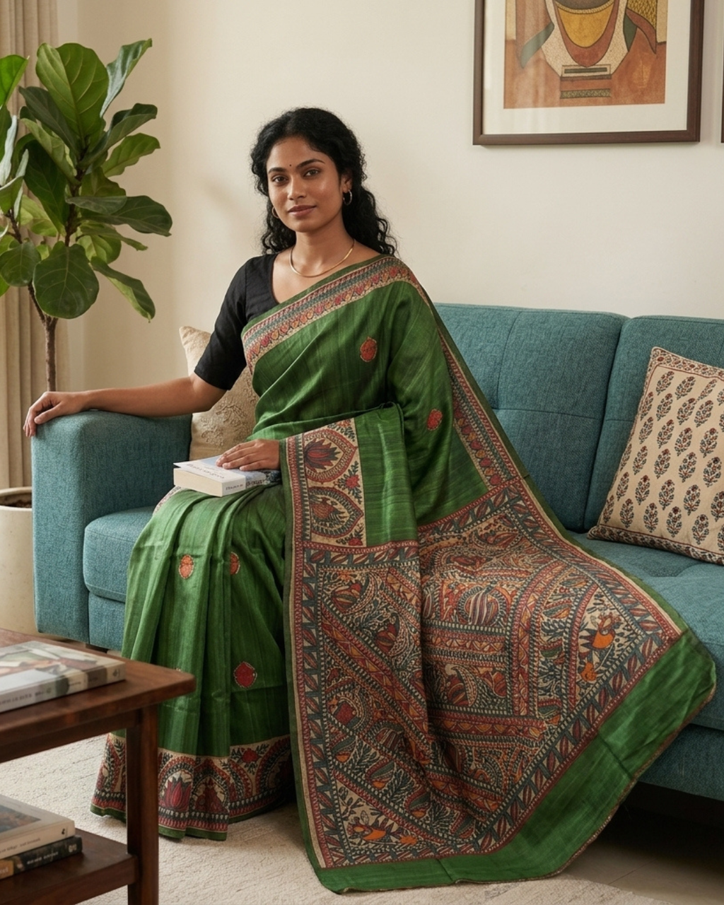 Green Handmade Madhubani Painting Saree with Blouse