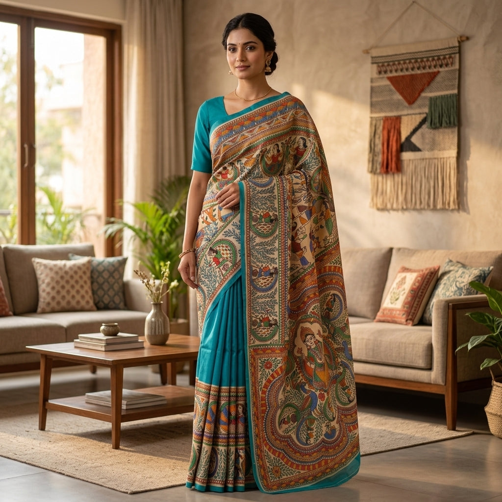 Bright Blue Handmade Madhubani Painting  Saree with Blouse