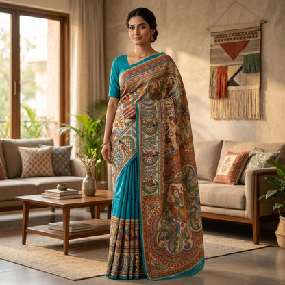 Bright Blue Handmade Madhubani Painting Saree with Blouse