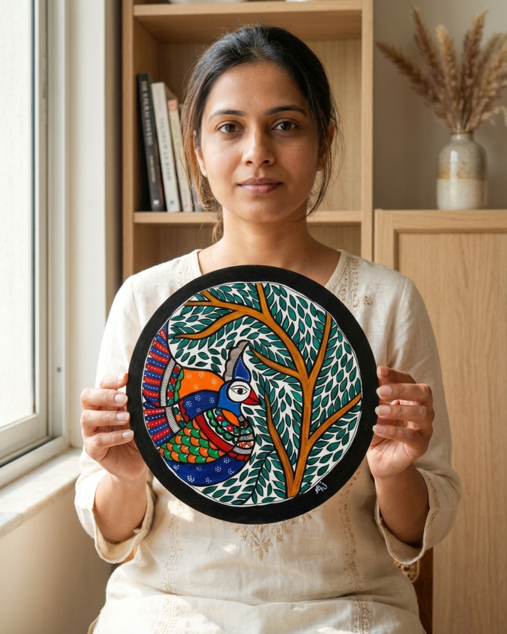 Peacock and Tree Madhubani Wall Art | 12 Inch MDF Board